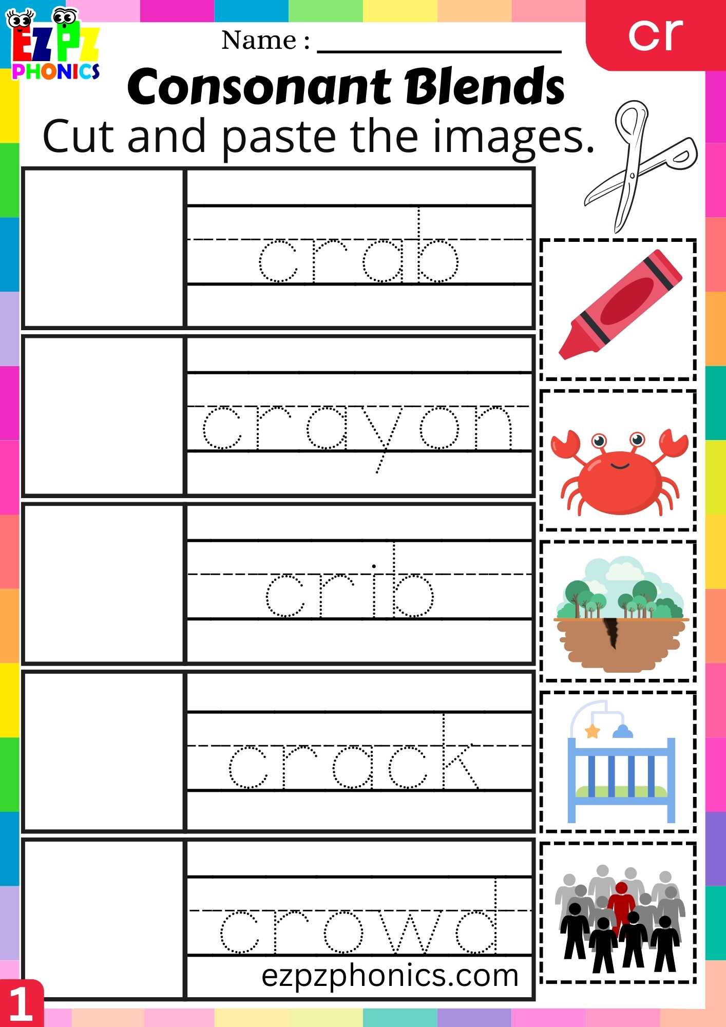 Group1 CR Words Cut And Paste The Images Phonics Consonant Blends Worksheet